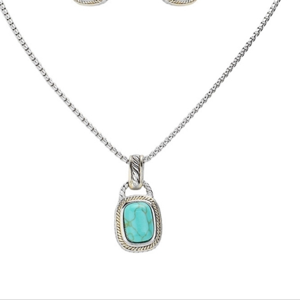 14K Gold Plated Two Tone Rectangle Natural Stone Cluster Pendant Necklace
